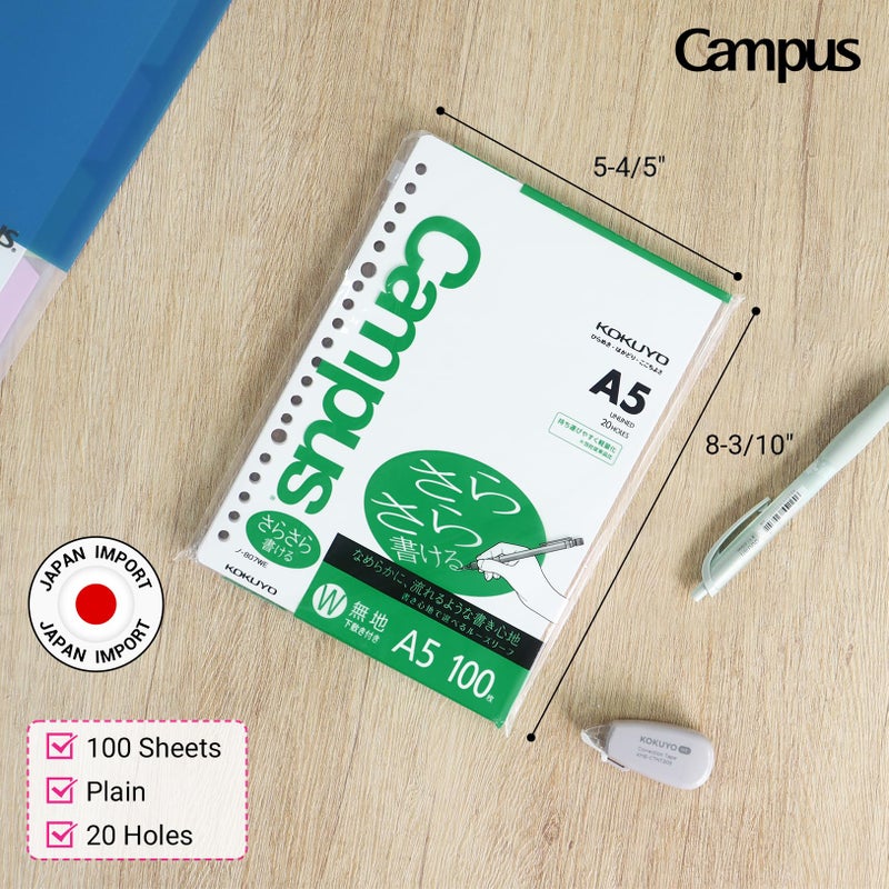 Kokuyo Campus Loose Leaf Paper, A5 Plain Filler Paper, 100 Sheets 75 GSM Sarasara Smooth Writing, 20 Holes, 8-1/4"x6â€ Binder Notebook Bleed Resistant Paper. Japan Import (NO-807WE) - Image 2